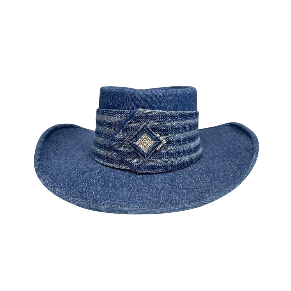 Denim Sun Hat Coastal Cowgirl Simply Barbara Blue Rhinestone Bow Made USA Size M